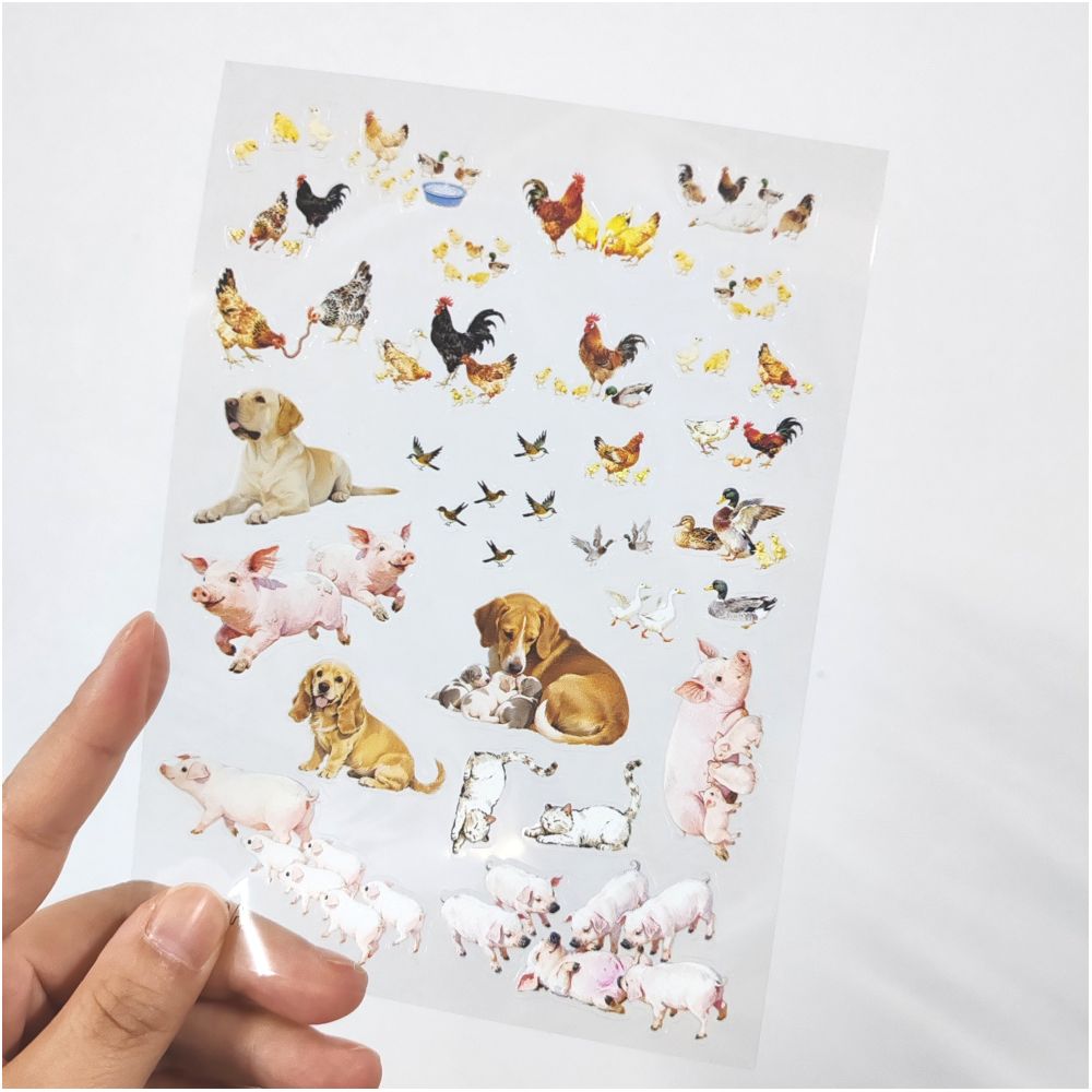 Dogs cats poultry chicks ducks pigs die cut PET stickers 1 Sheet - ViktaShop