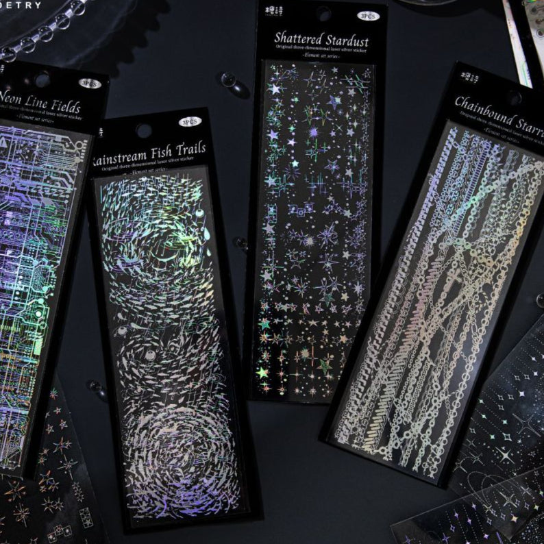 3D Laser Silver Flat PET Stickers 3 Sheets 4 Types image 0