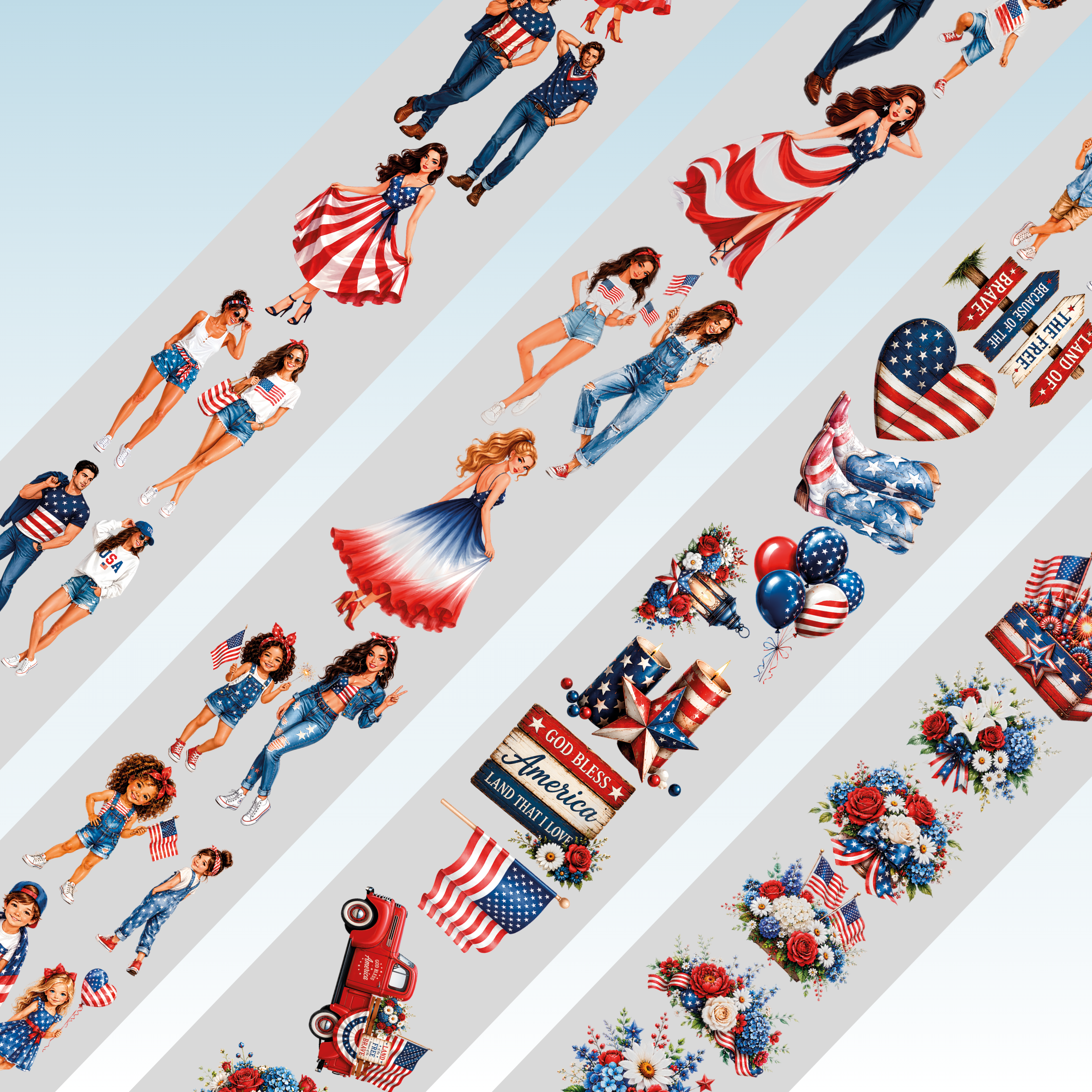 Kittys Journal 4th of July Characters PET Tape 7cm x 2.5m