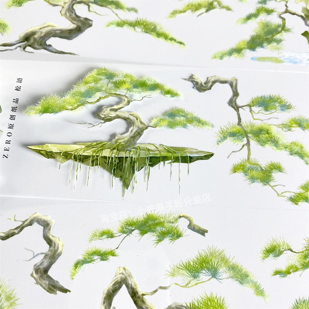 Pine tree, stone, water flow, ancient style, PET tape - ViktaShop