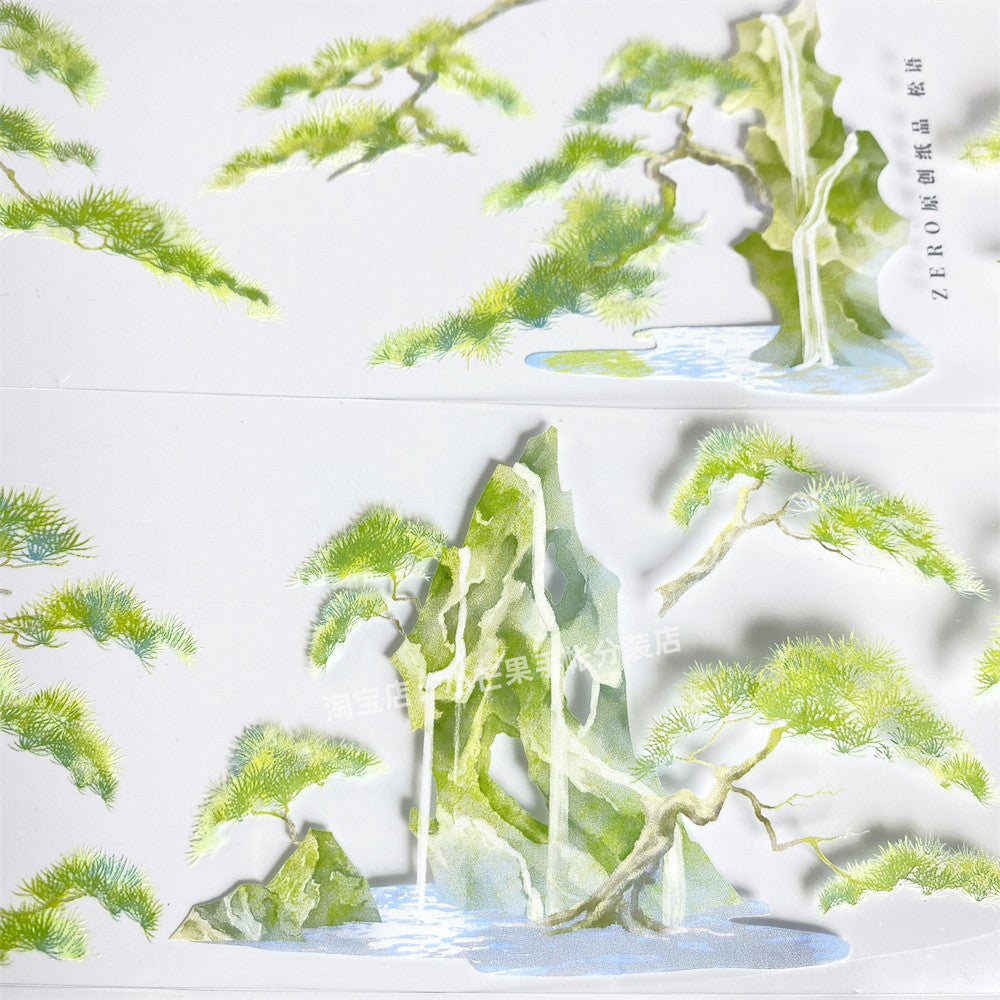 Pine tree, stone, water flow, ancient style, PET tape - ViktaShop