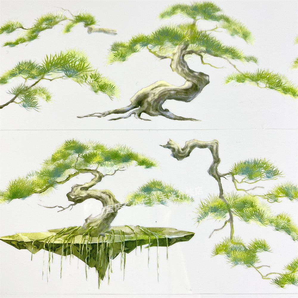 Pine tree, stone, water flow, ancient style, PET tape - ViktaShop