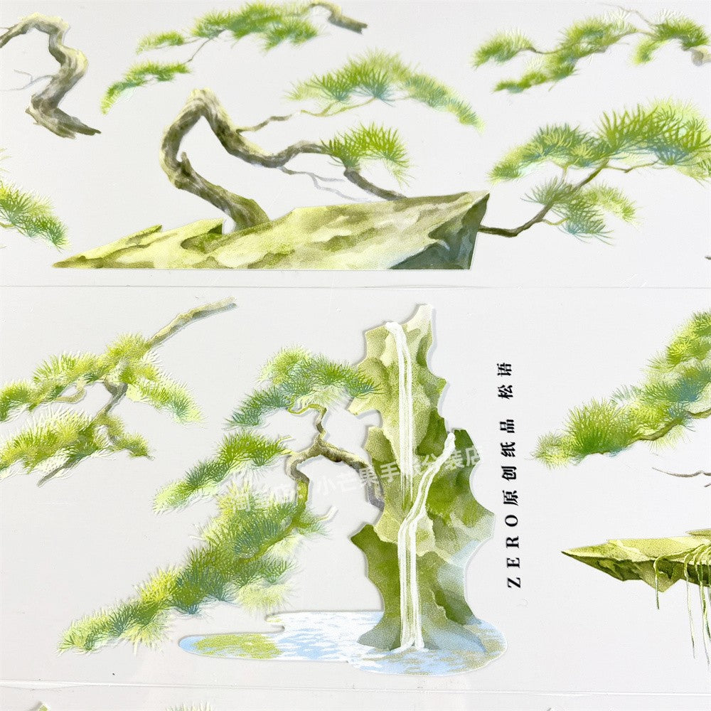 Pine tree, stone, water flow, ancient style, PET tape - ViktaShop