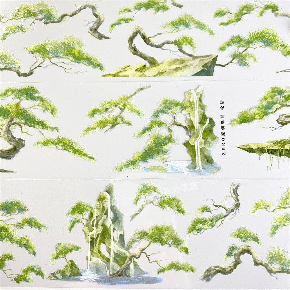 Pine tree, stone, water flow, ancient style, PET tape - ViktaShop