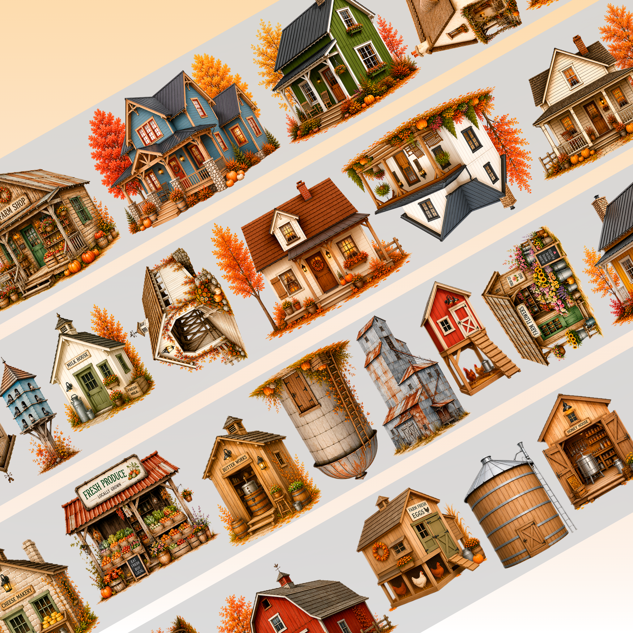 Kittys Journal Autumn Farm Buildings PET Tape 10cm x 2.5m