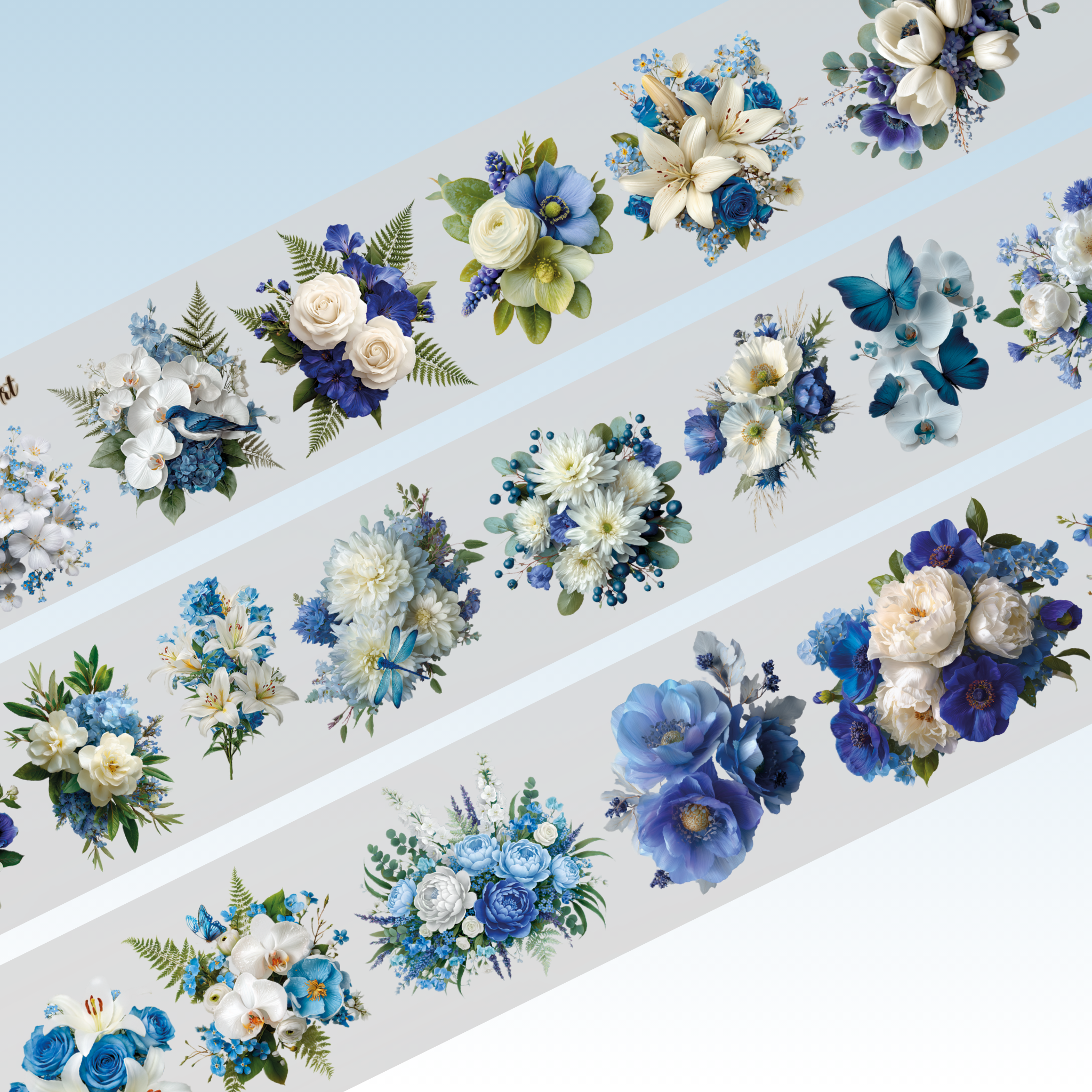 Queens Art Blu White Flowers PET Tape 7cm x 1.25m