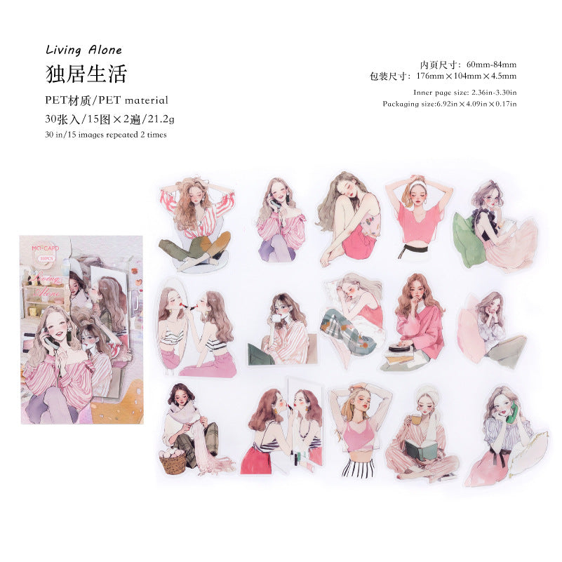 Urban Women's Life Map Series Retro Character PET Sticker Pack, 6 Options - ViktaShop