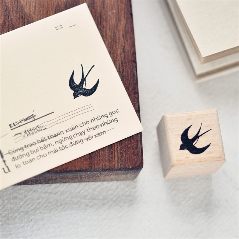 Swallow Branch Wooden Stamp – Retro Collage Design, 2 Options - ViktaShop