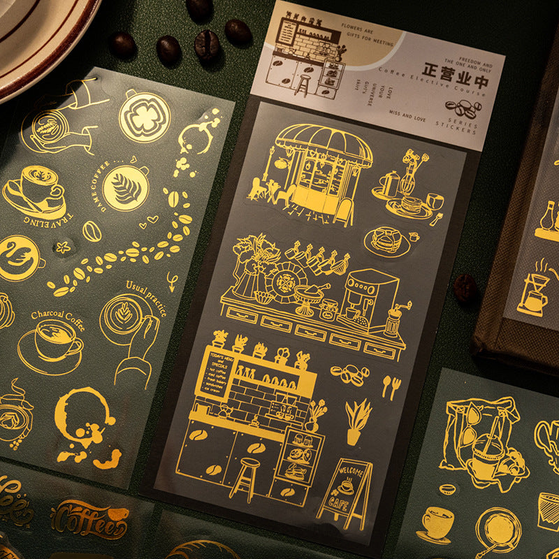 Coffee Elective PET Stickers – Gold Stamping Series, 6 Options - ViktaShop