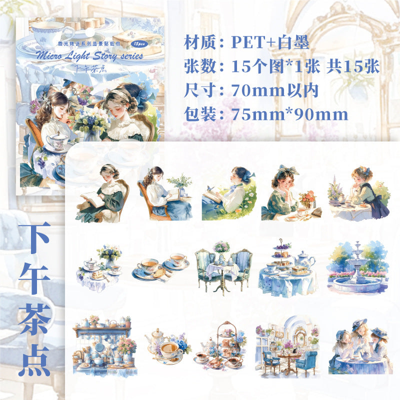 Paper PET Sticker Pack - Glow Light Story Series, Figure & Landscape, 15 Pcs - ViktaShop