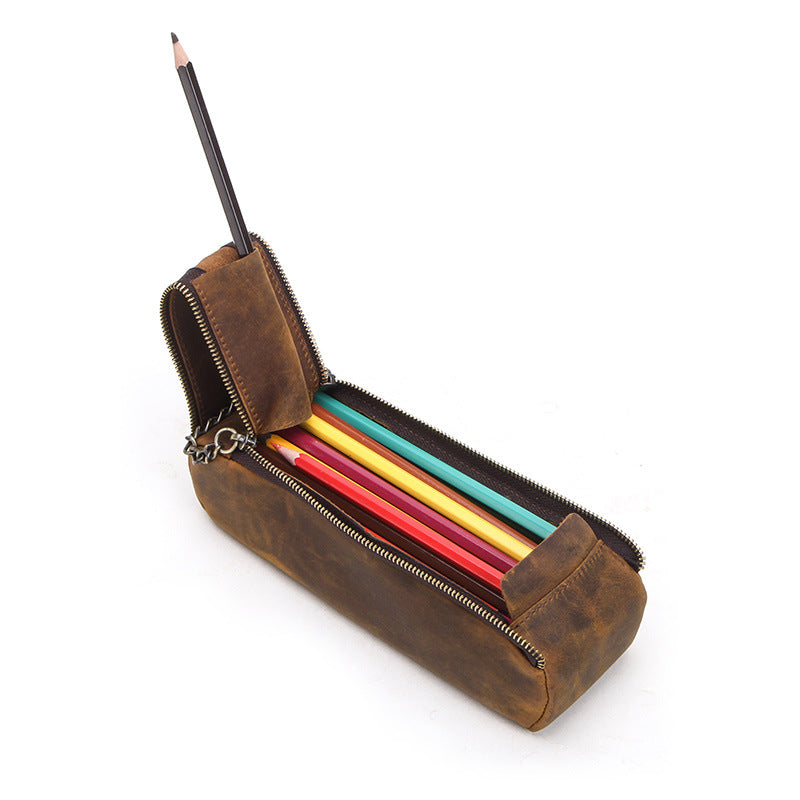 Vintage Leather Pencil Case – Handmade Large Capacity Double Zipper - ViktaShop