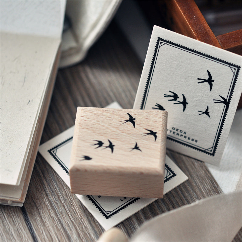 Swallow Branch Wooden Stamp – Retro Collage Design, 2 Options - ViktaShop