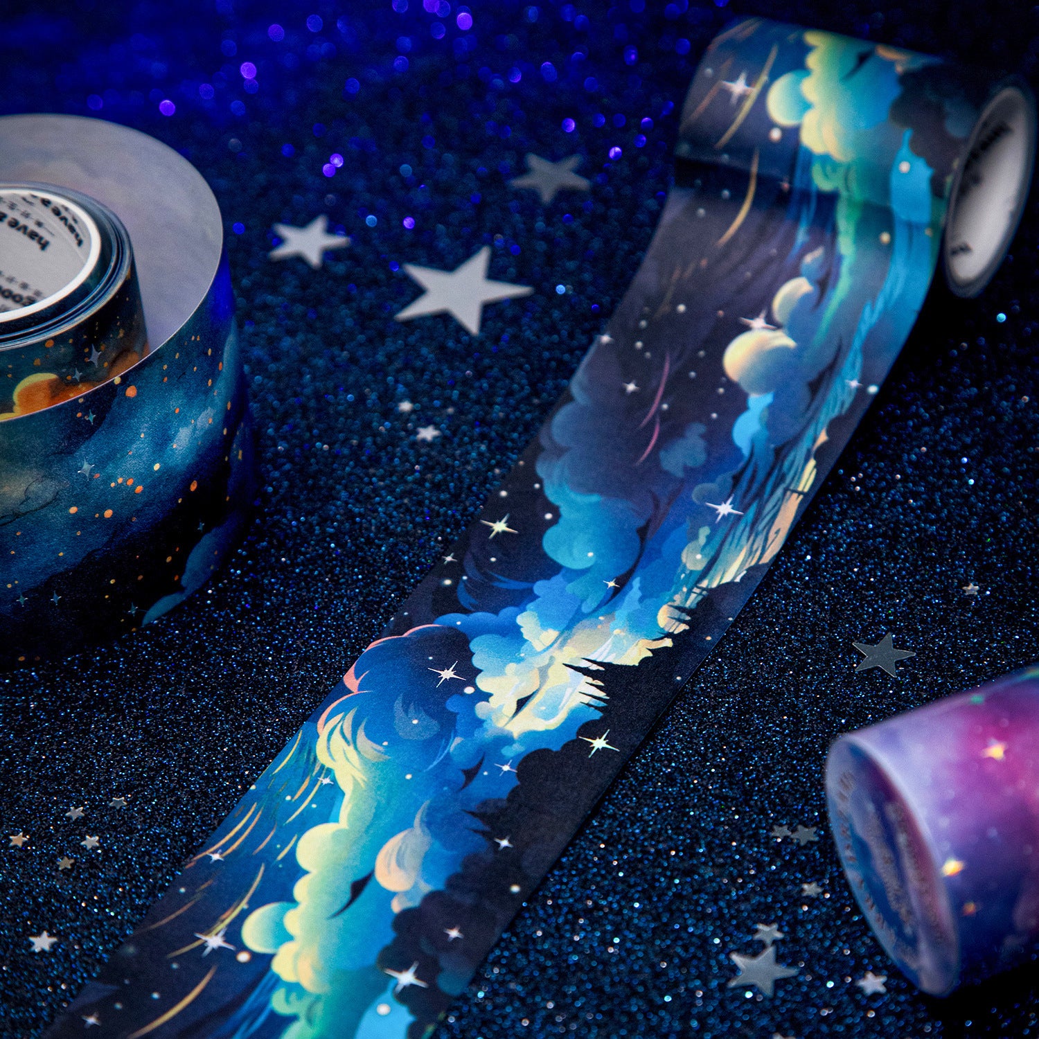 Starry Dream Washi Tape – Laser Silver Starry Sky, Landscape Theme, 2m - ViktaShop