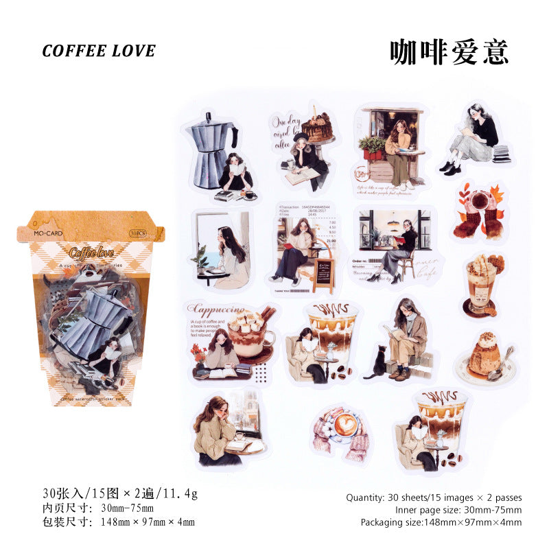 A Cup of Coffee Time Series PET White Ink Sticker Pack, 30 Pcs - ViktaShop