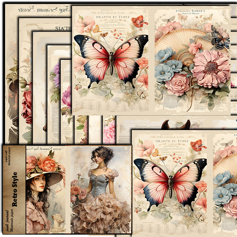 Peacock Beauty Butterfly Flower Pattern Paper - Retro Style, 10 Sheets - ViktaShop