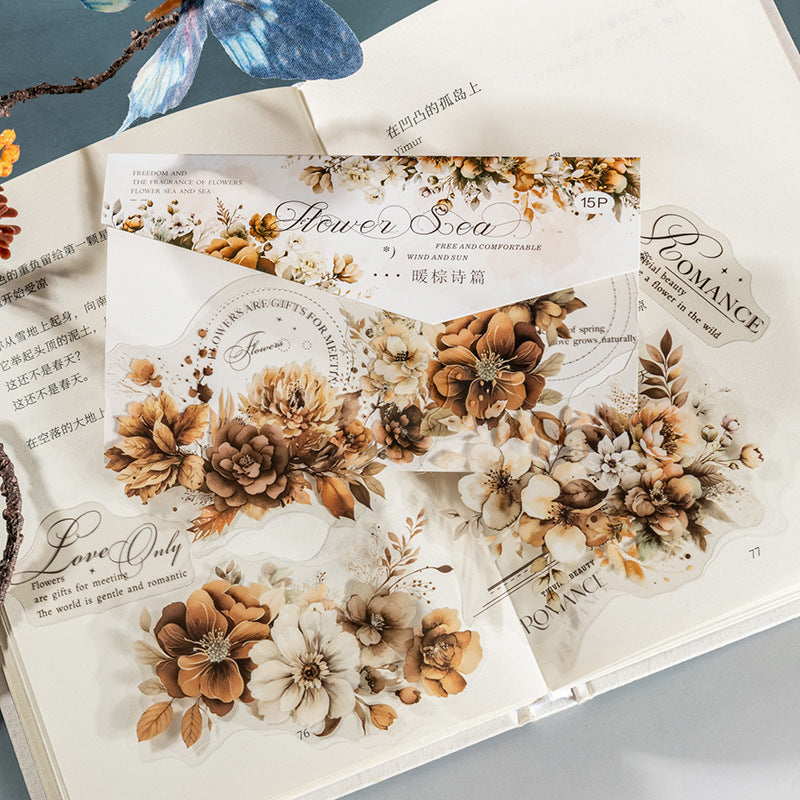 Twilight Flower Sea PET Stickers – Floral & English DIY Set, 15 Pcs - ViktaShop