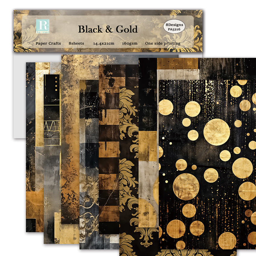 Black & Gold - DIY Scrapbook & Journal A5 Pattern Paper - Card Background Paper - 8 sheets - ViktaShop