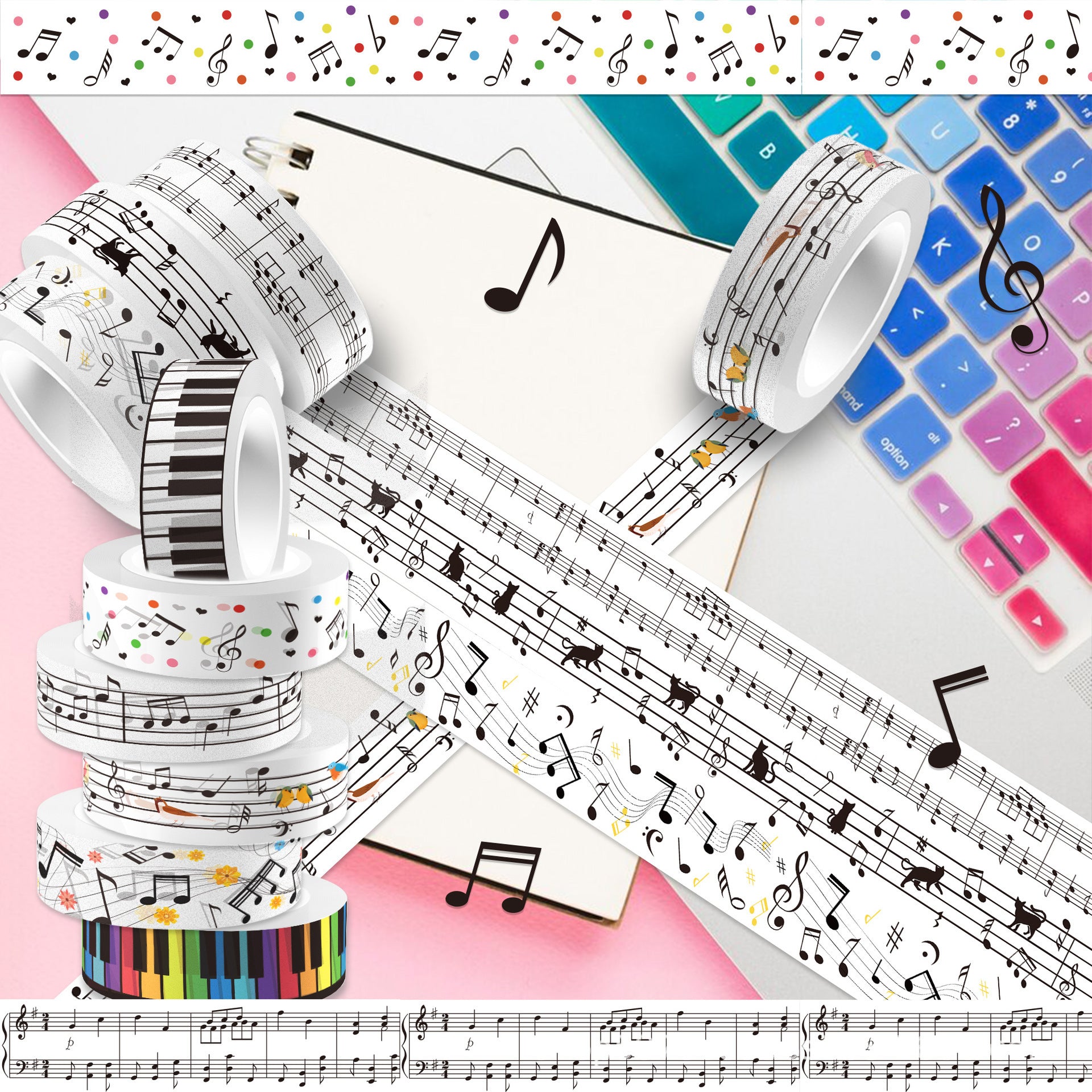 Music Notes & Instruments Washi Tape – Guitar & Piano Theme, 5m - ViktaShop