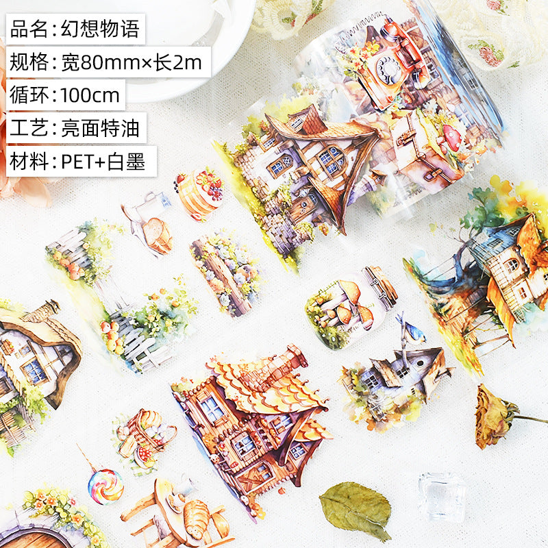 Cartoon Cute House Building Landscape Tape – Sticker Collage, 2m - ViktaShop