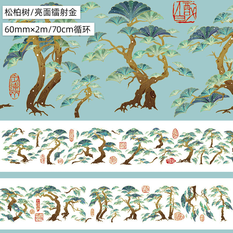 Ancient Style Bamboo PET Tape – Laser Bronzing, Flowers, DIY Collage - 2m - ViktaShop