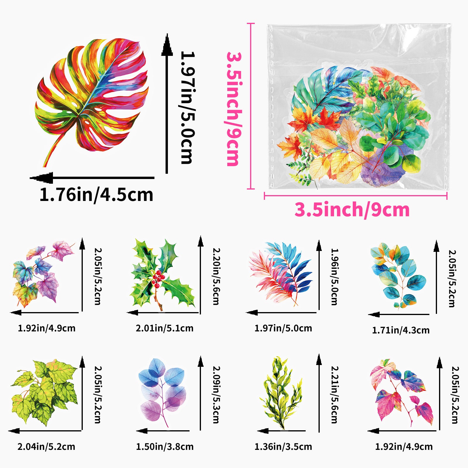 Color Leaves PET Stickers – Simulated Plant Design, 50 Pcs - ViktaShop