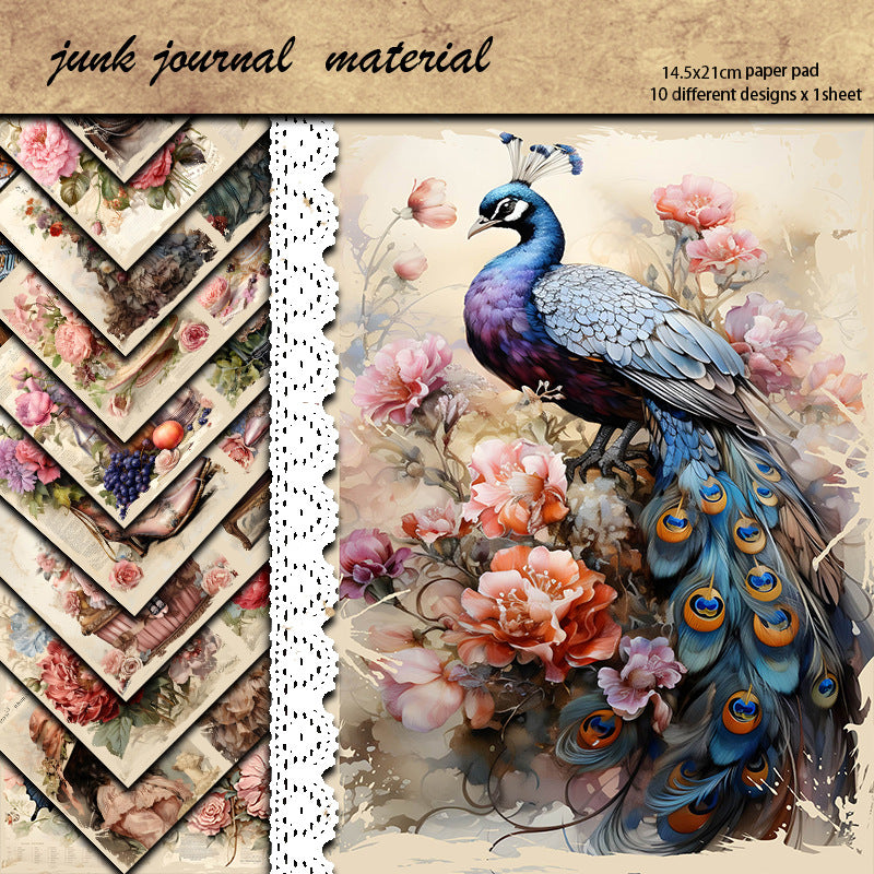 Peacock Beauty Butterfly Flower Pattern Paper - Retro Style, 10 Sheets - ViktaShop