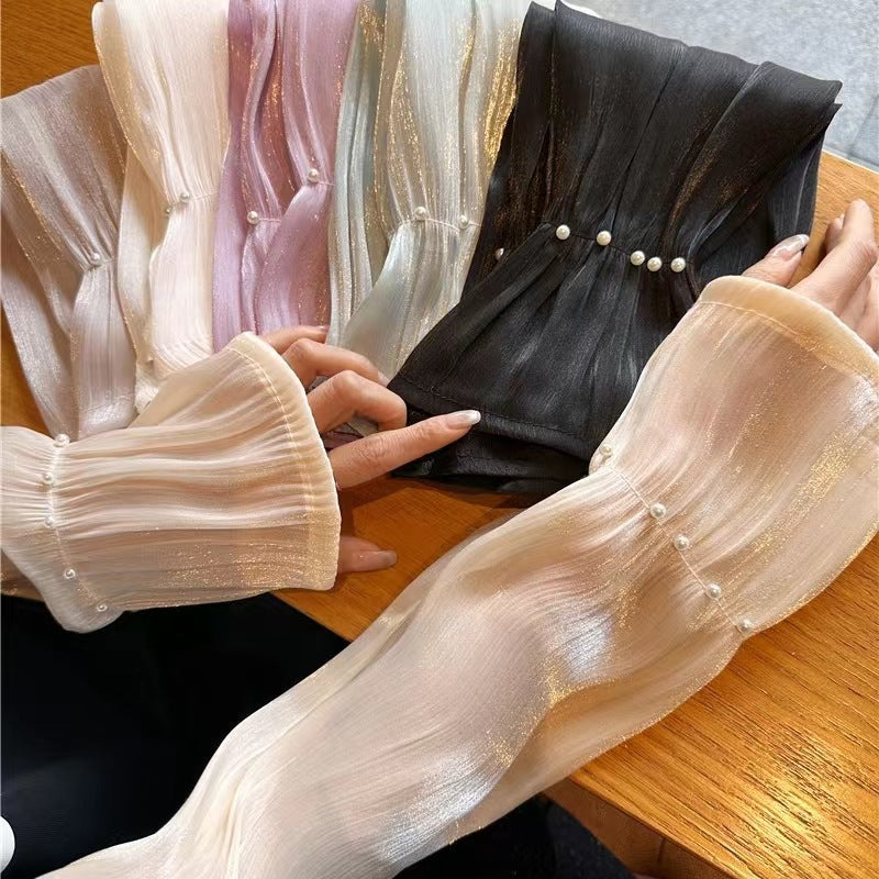 Korean Style Ice Silk Sunscreen Arm Sleeve, Pearl Detail - ViktaShop