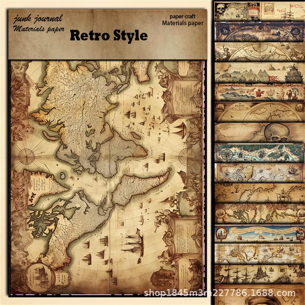 Roaming Map Retro Background Paper - European & American Collage Series, 15 Sheets - ViktaShop