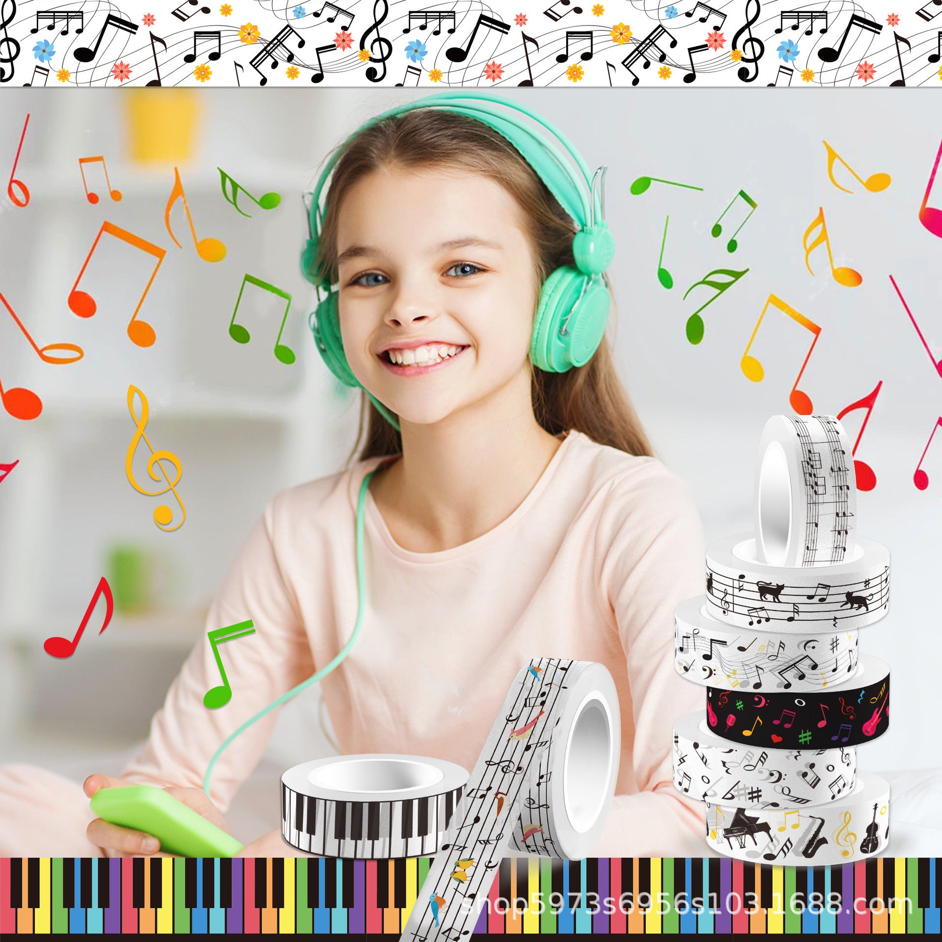 Music Notes & Instruments Washi Tape – Guitar & Piano Theme, 5m - ViktaShop