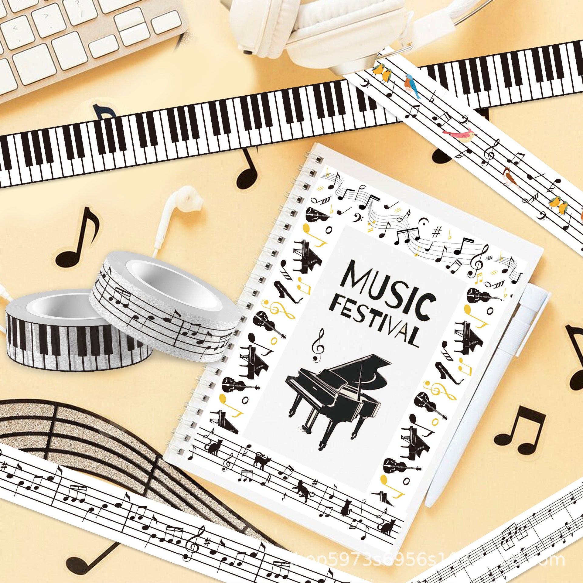 Music Notes & Instruments Washi Tape – Guitar & Piano Theme, 5m - ViktaShop