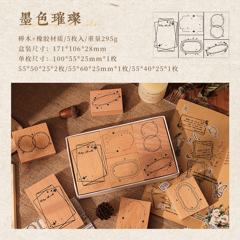 Retro Wooden Seal Set - Ink Mark & Decorative Borders, 2 Options - ViktaShop