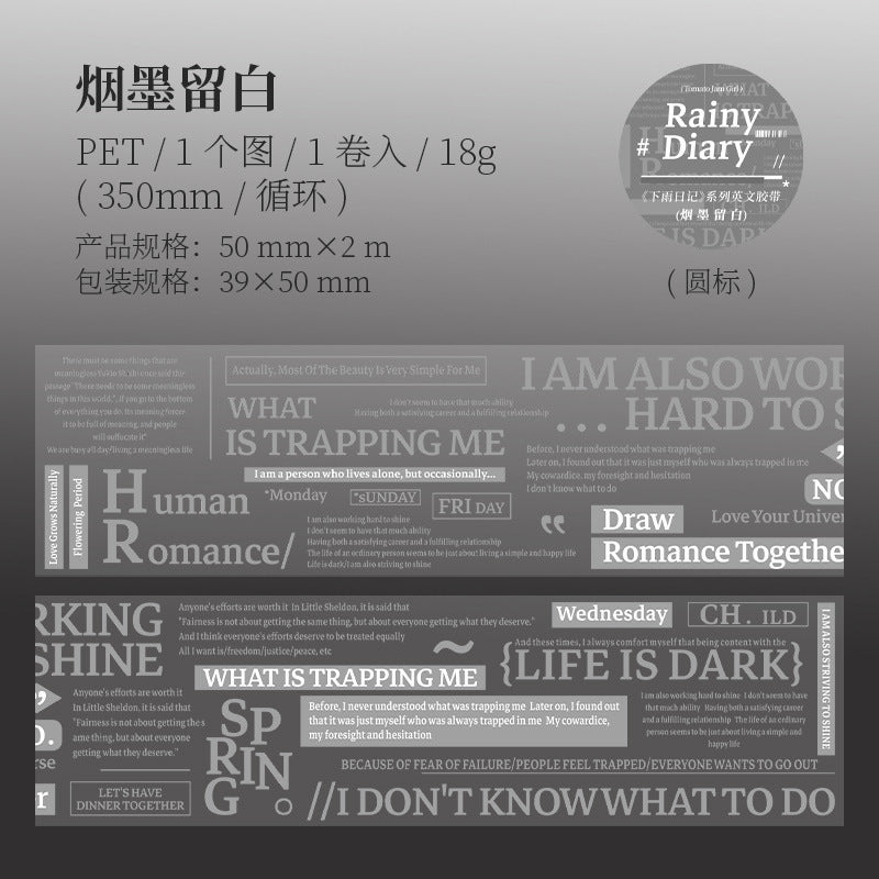 Rain Diary – PET Tape, English Text Plain Series, 2m - ViktaShop