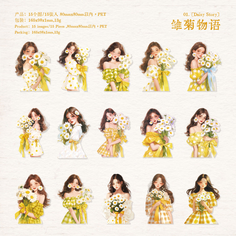 Series PET Material Sticker Pack – Daisy Story, 15 Sheets - ViktaShop