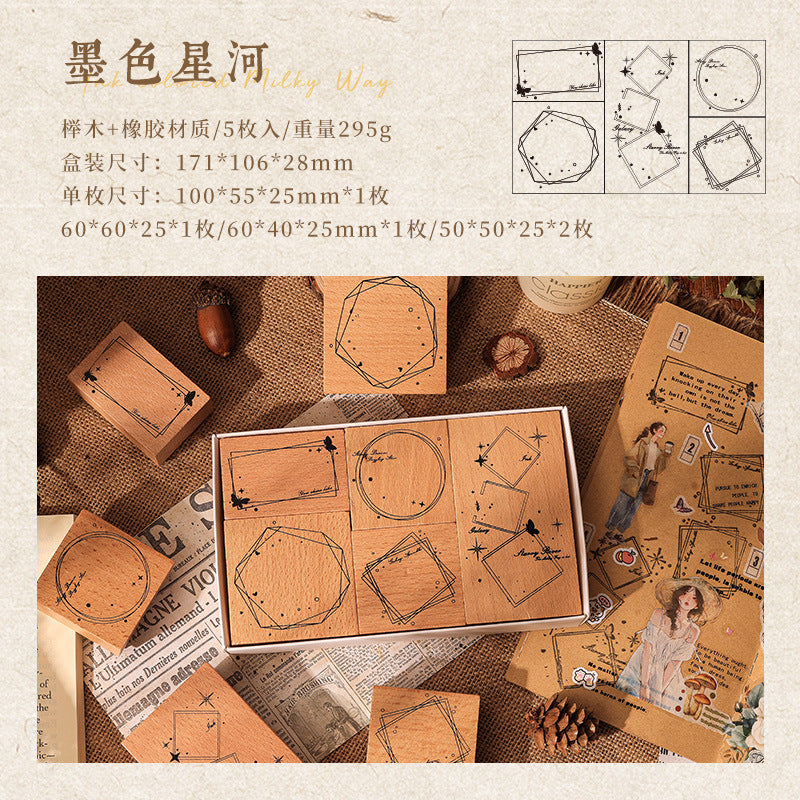 Retro Wooden Seal Set - Ink Mark & Decorative Borders, 2 Options - ViktaShop