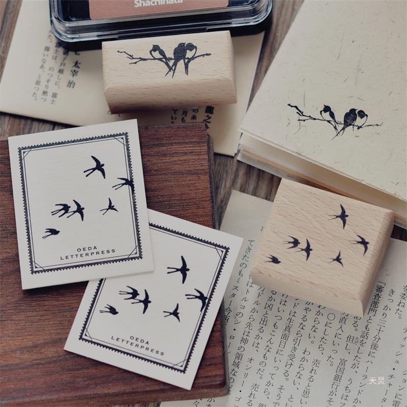 Swallow Branch Wooden Stamp – Retro Collage Design, 2 Options - ViktaShop