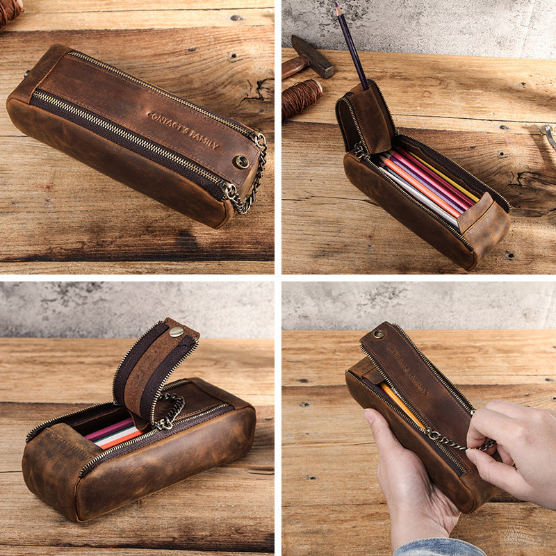 Vintage Leather Pencil Case – Handmade Large Capacity Double Zipper - ViktaShop