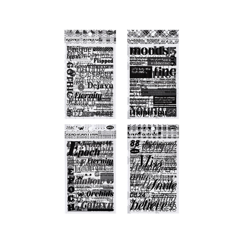 Collage Text Black and White Retro Stickers, 4 Pcs - ViktaShop