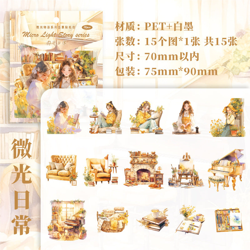 Paper PET Sticker Pack - Glow Light Story Series, Figure & Landscape, 15 Pcs - ViktaShop