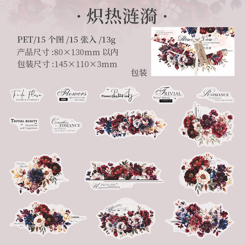 Twilight Flower Sea PET Stickers – Floral & English DIY Set, 15 Pcs - ViktaShop
