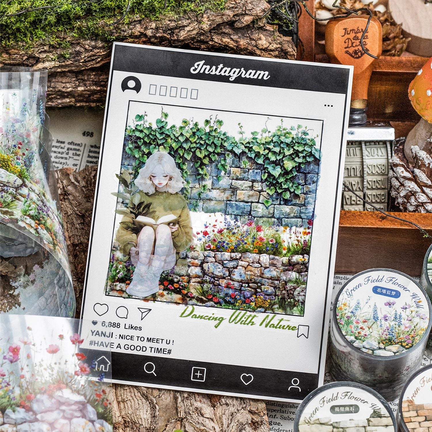 Twilight PET Tape - Green Wild Flower Wall Series, 2m - ViktaShop