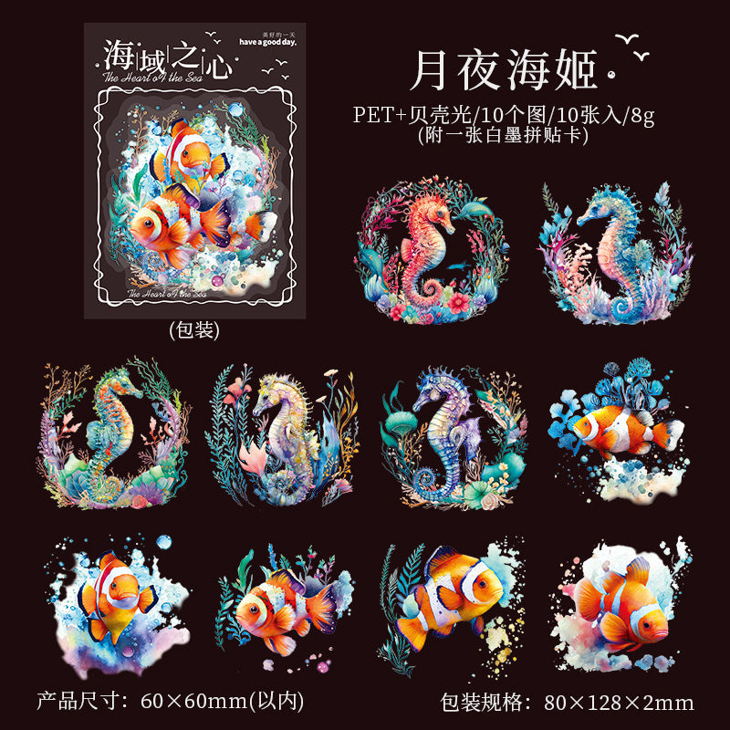 Sea Heart Series PET Stickers, Ocean Theme, 10 Pcs - ViktaShop