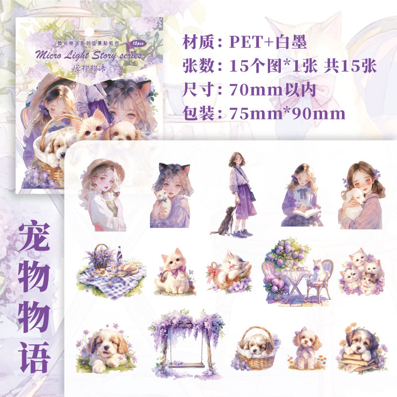 Paper PET Sticker Pack - Glow Light Story Series, Figure & Landscape, 15 Pcs - ViktaShop