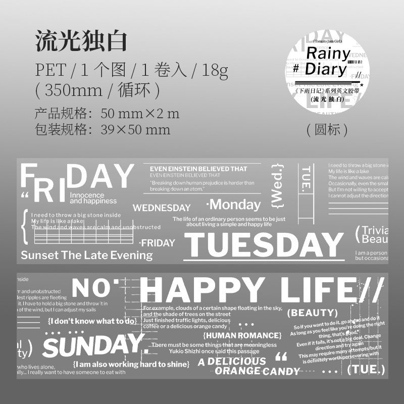 Rain Diary – PET Tape, English Text Plain Series, 2m - ViktaShop
