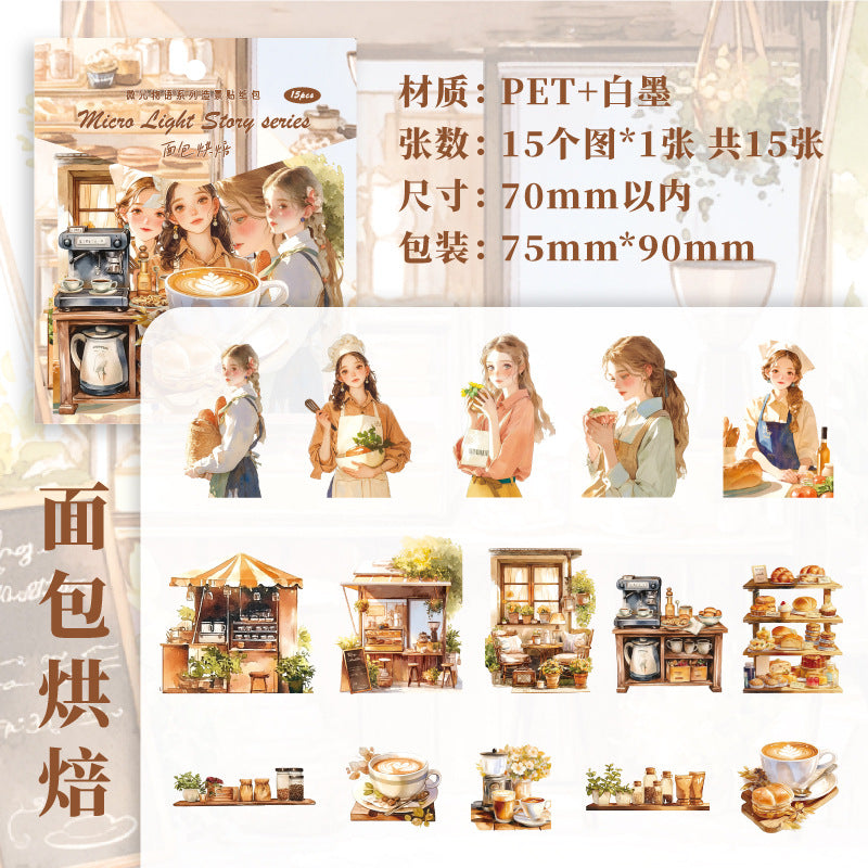 Paper PET Sticker Pack - Glow Light Story Series, Figure & Landscape, 15 Pcs - ViktaShop