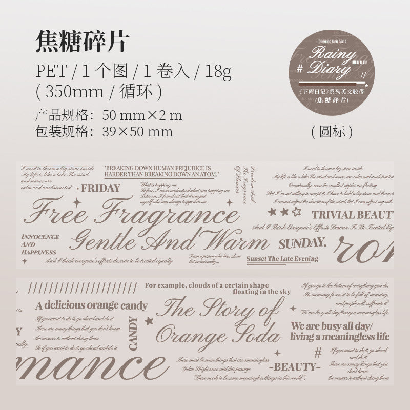 Rain Diary – PET Tape, English Text Plain Series, 2m - ViktaShop