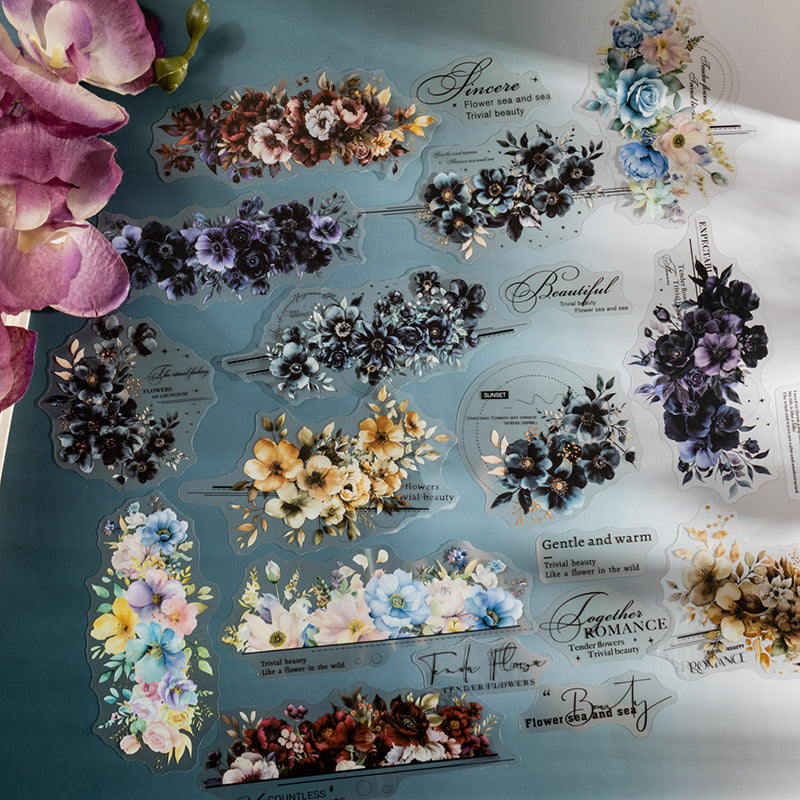Twilight Flower Sea PET Stickers – Floral & English DIY Set, 15 Pcs - ViktaShop