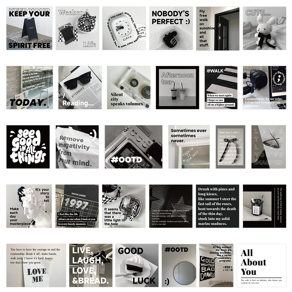 Black and White Cold Wind Stickers – Decorative Stickers, 30 Pcs - ViktaShop