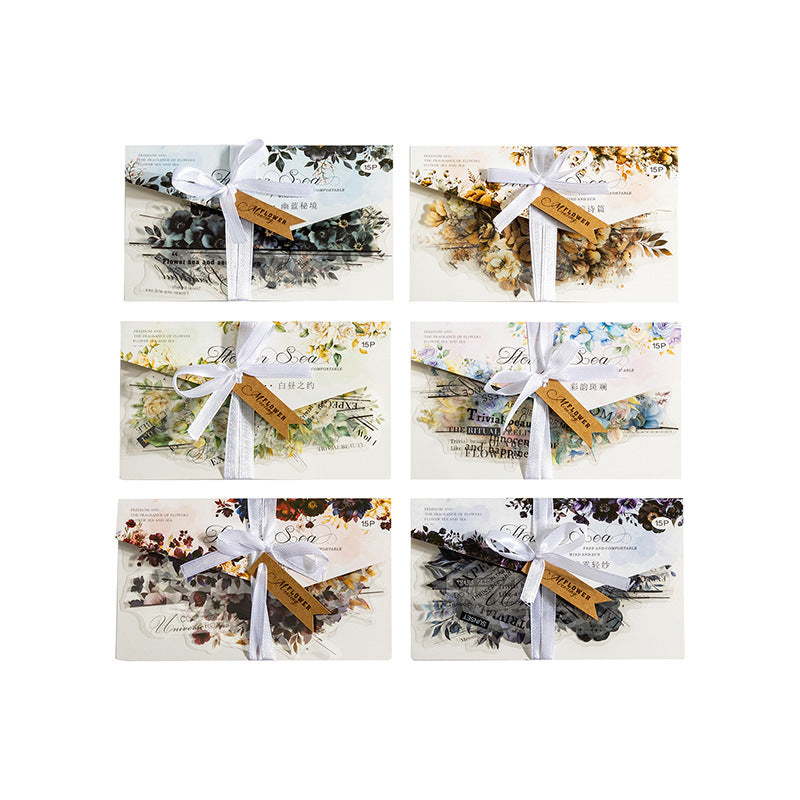 Twilight Flower Sea PET Stickers – Floral & English DIY Set, 15 Pcs - ViktaShop