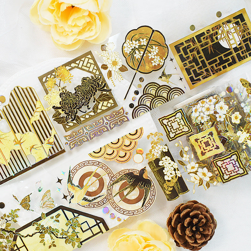 Ancient Style Bamboo PET Tape – Laser Bronzing, Flowers, DIY Collage - 2m - ViktaShop