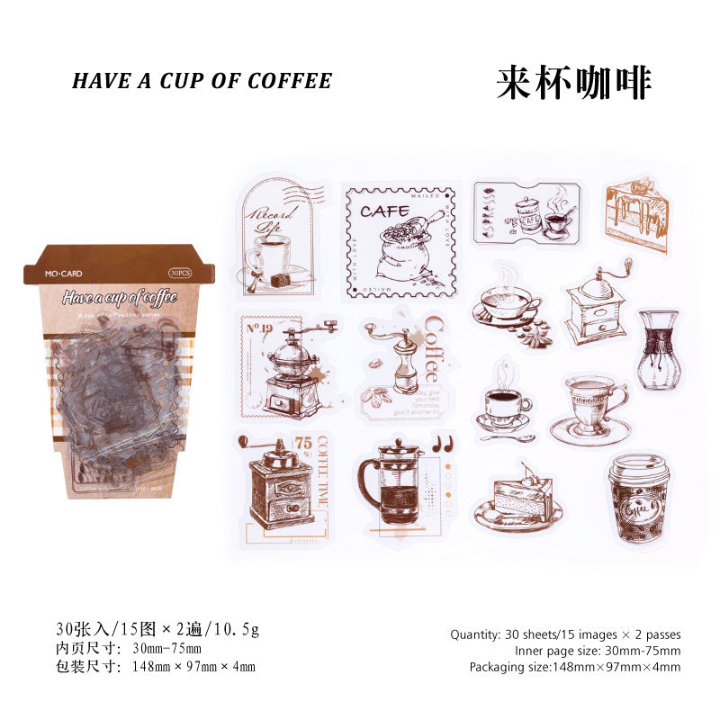 A Cup of Coffee Time Series PET White Ink Sticker Pack, 30 Pcs - ViktaShop
